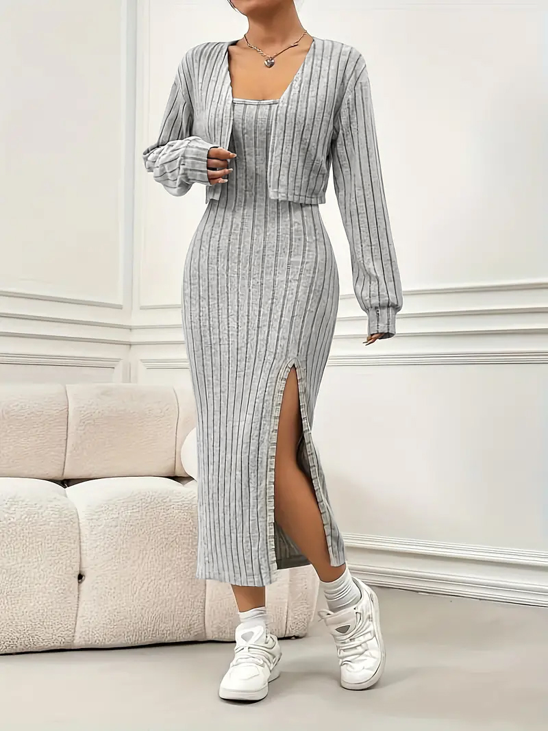 Crop Top Crochet - Plus size dames 2-delige geribbelde gebreide
